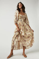 Iris Printed Shirred Bodice Ruffle Midi Dress